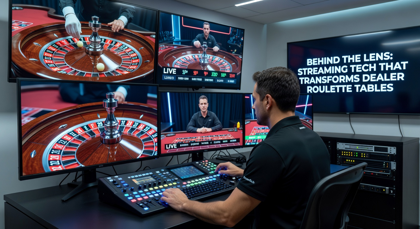 Detaillierte Ansicht eines Streaming-Servers mit Kabeln und Monitoren, die Live-Feeds von Roulette-Tischen anzeigen, inklusive Grafiken zu Latenz und Datenfluss